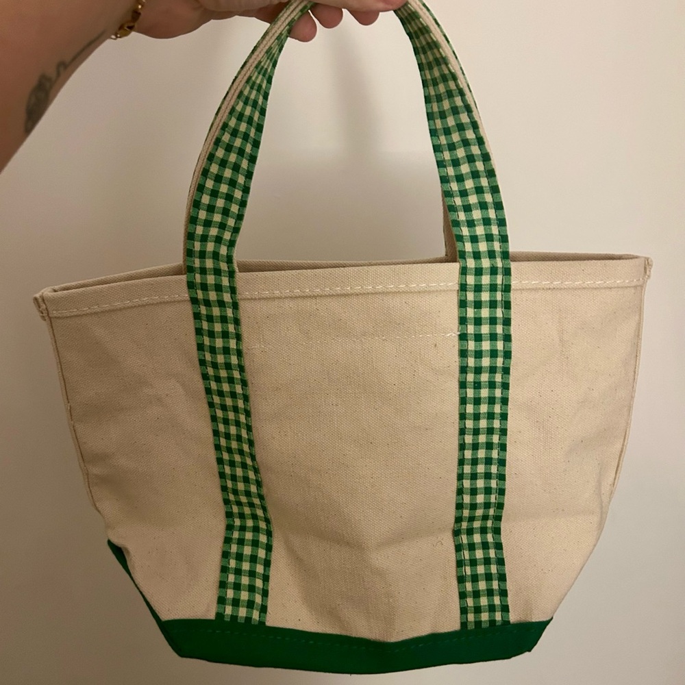 Anthropologie Cream Canvas Tote with Green Gingham Straps and Embroidered Duck - Picture 2 of 7